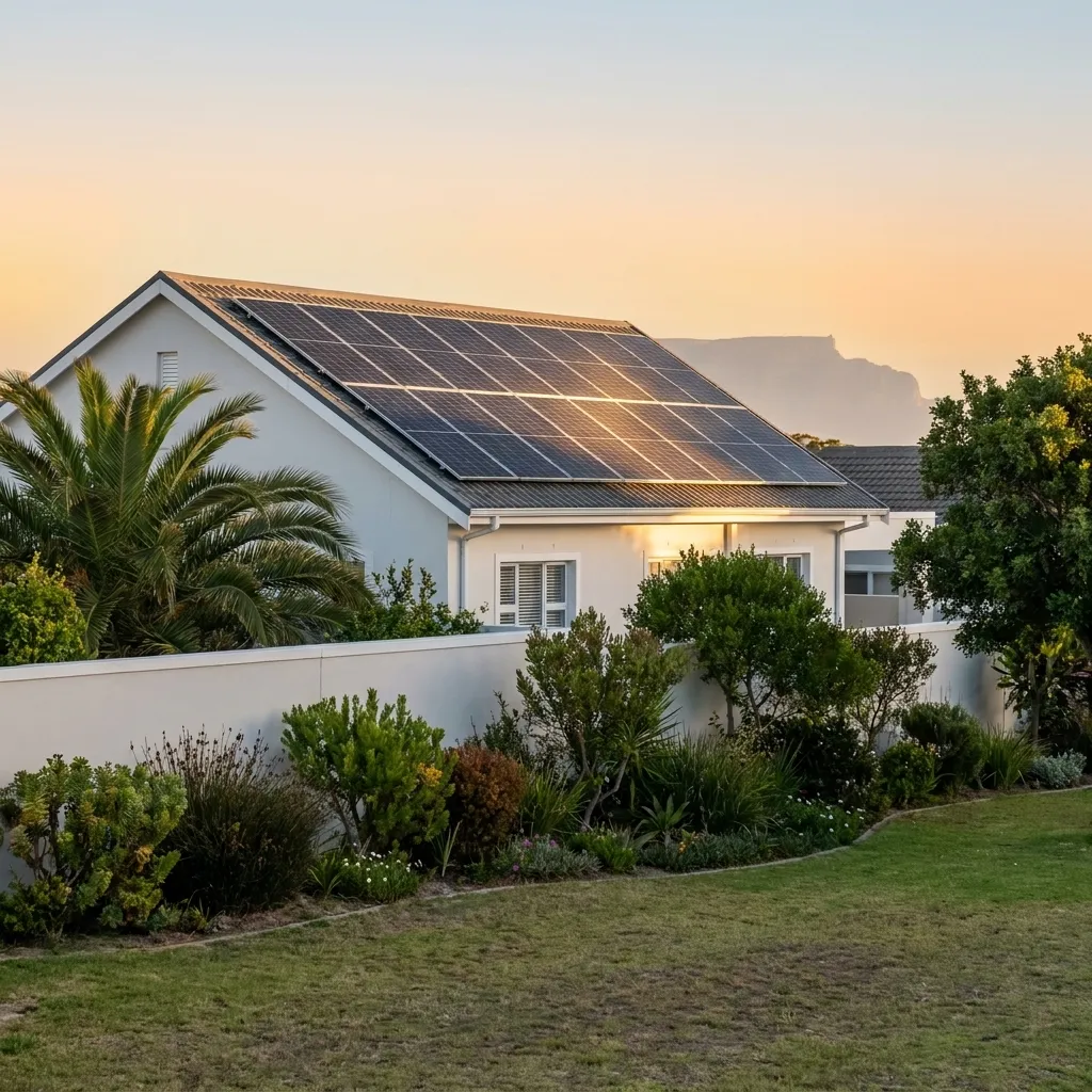 Cape Town home with rooftop solar panels glowing in the evening light, Table Mountain faint in the distance